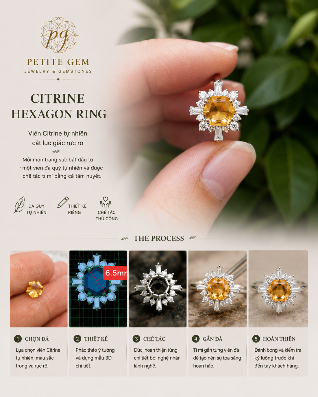 Nhẫn citrine lục giác: từ viên đá tự nhiên đến một tác phẩm trang sức thủ công