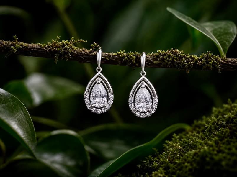 Bông tai giọt nước moissanite trắng bạc cao cấp làm theo yêu cầu