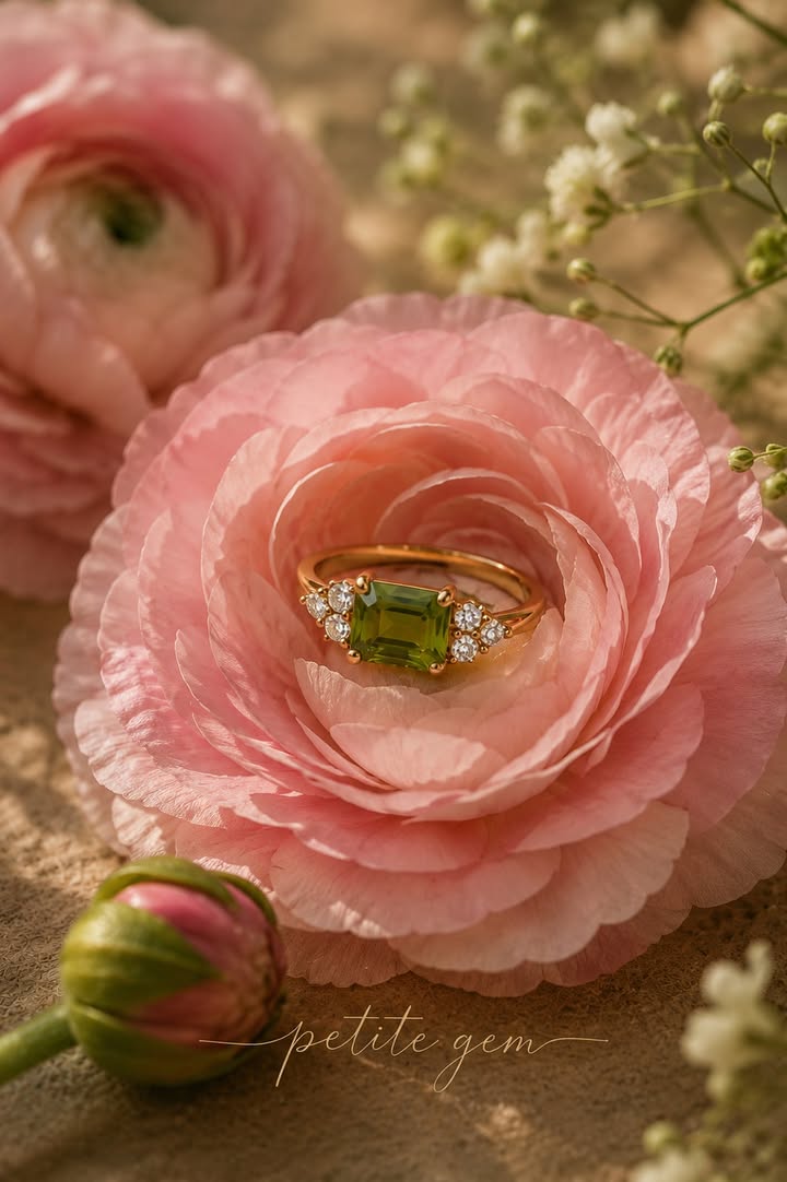 Nhẫn Nắng Mới – Peridot hình chữ nhật xanh cốm