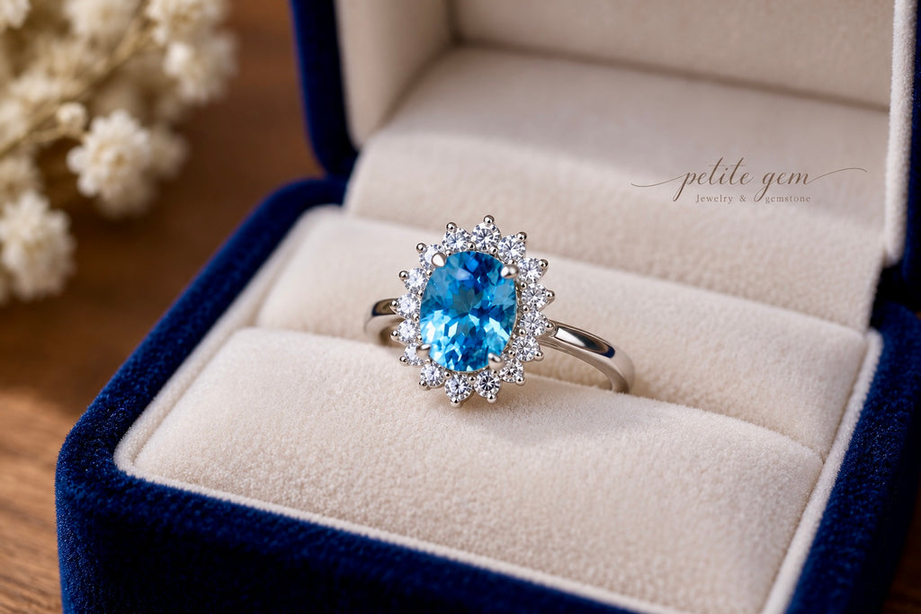 Nhẫn topaz oval viền moissanite 7*9