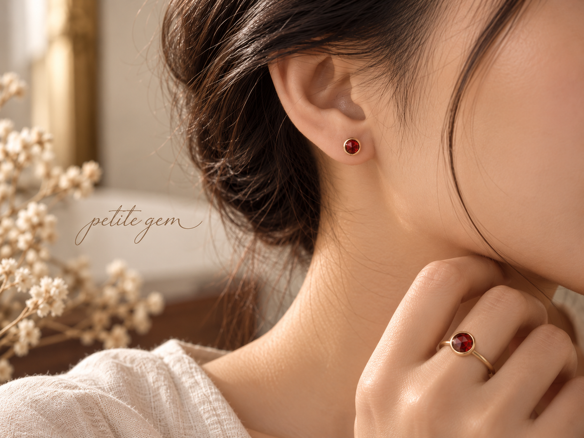 Bộ trang sức garnet tự nhiên mặt đá tròn 8mm, 4mm