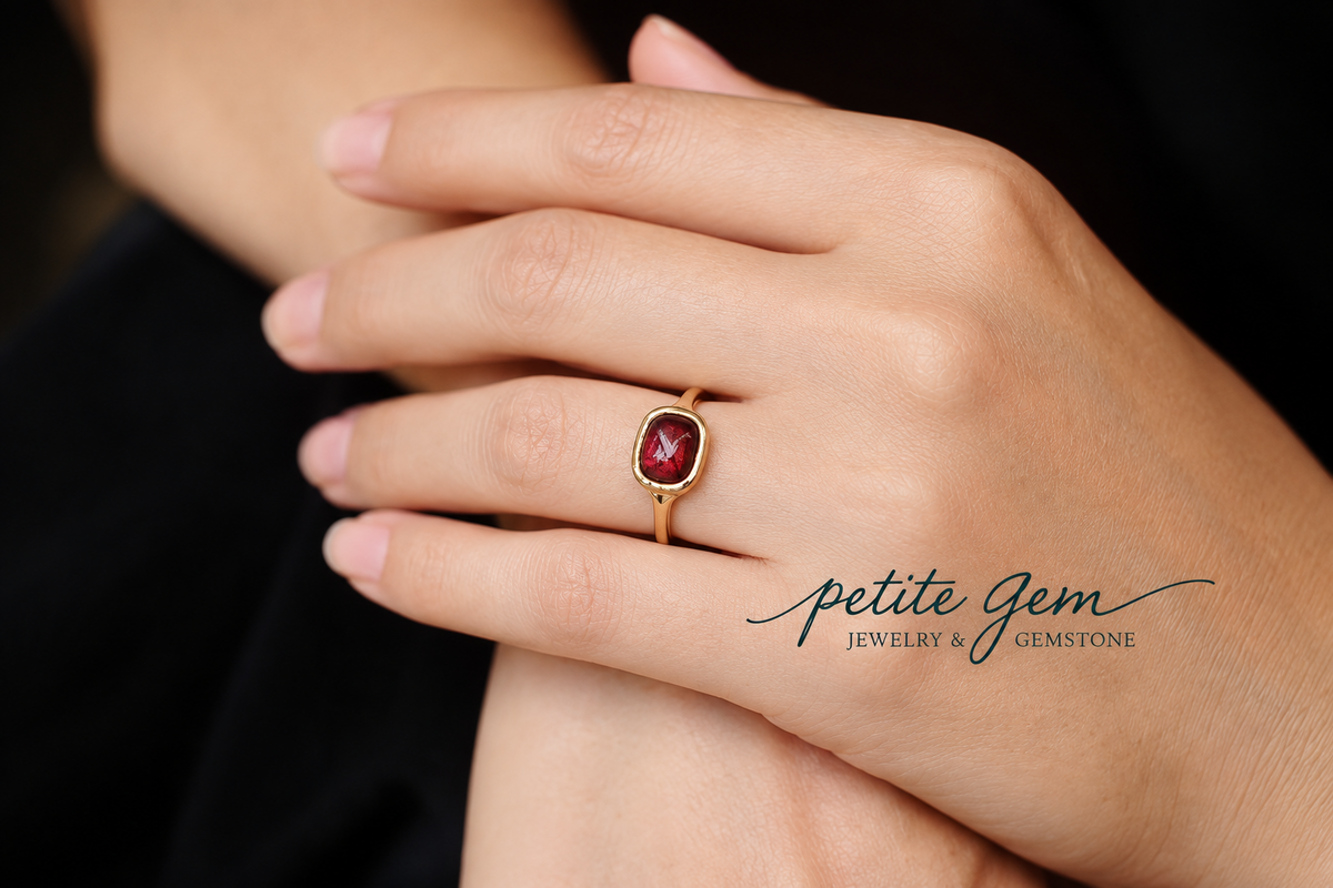 Thạch Hồng – Nhẫn garnet dáng cushion