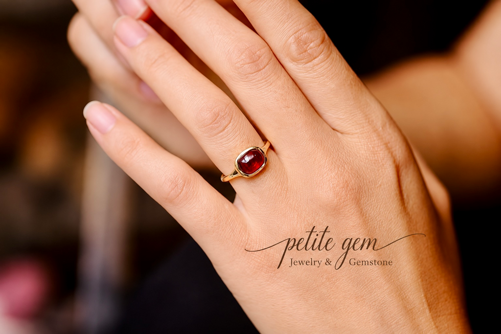 Thạch Hồng – Nhẫn garnet dáng cushion