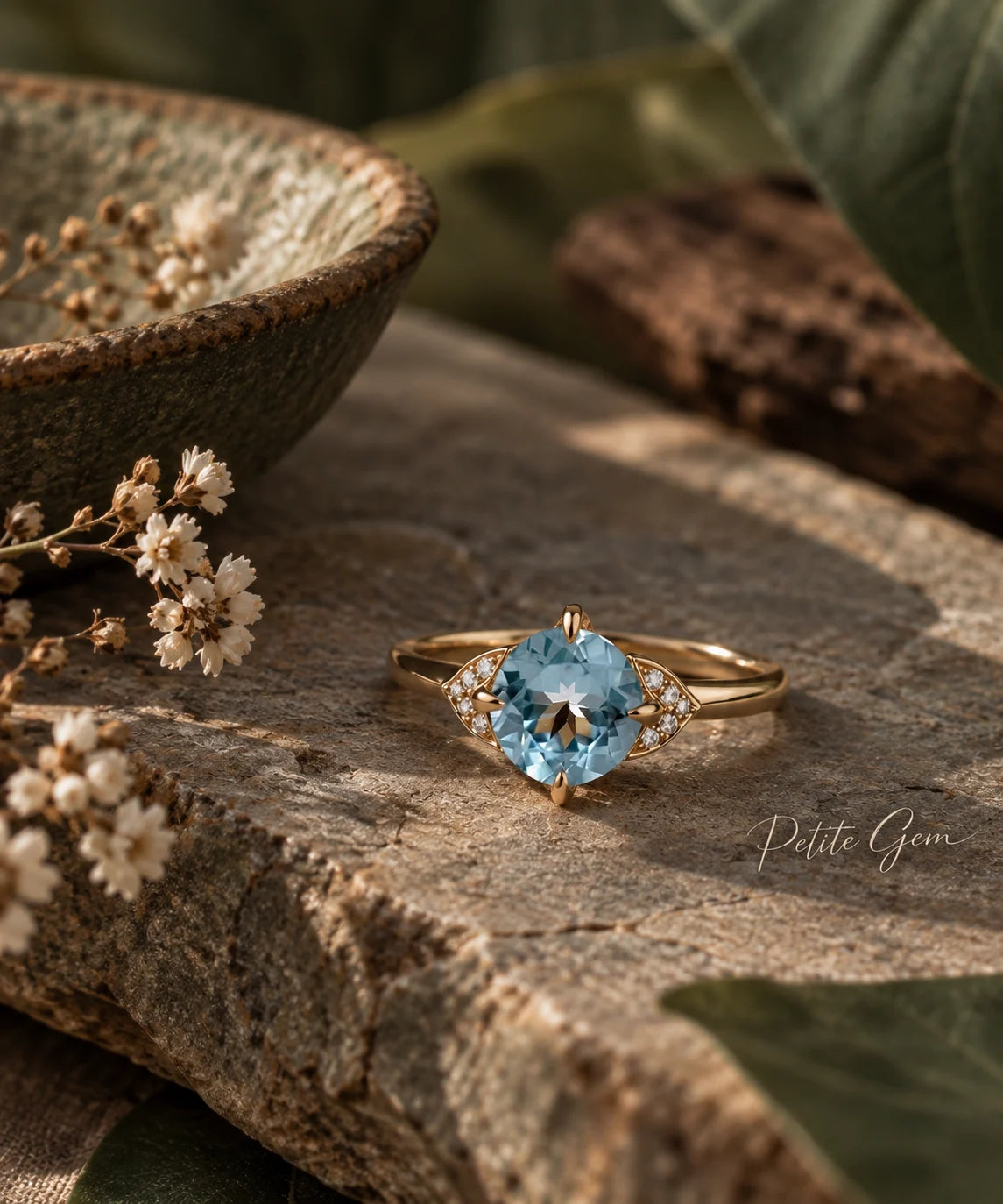 Aster – nhẫn topaz xanh tròn