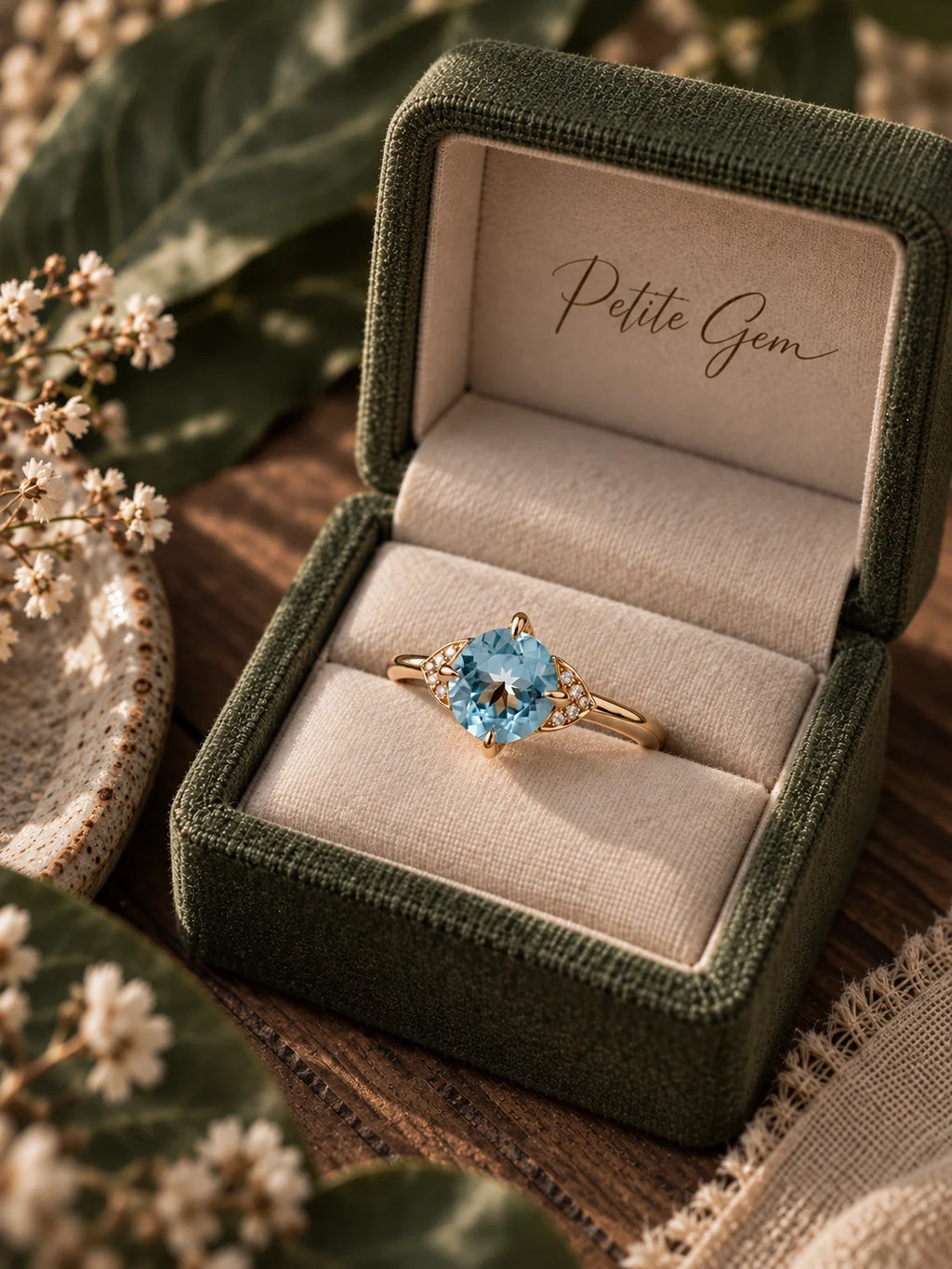 Aster – nhẫn topaz xanh tròn