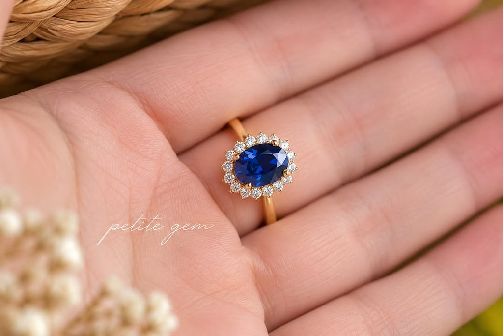 Nhẫn sapphire lab oval xanh đậm viền moissanite