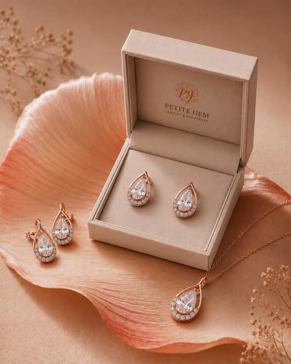 Bộ trang sức mặt dây và bông tai giọt nước đá moissanite trắng viền đá nhỏ bạc vàng tourmaline