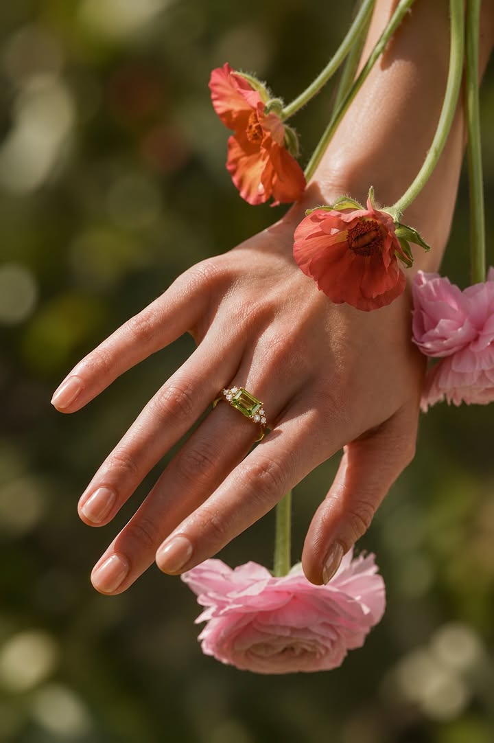 Nhẫn Nắng Mới – Peridot hình chữ nhật xanh cốm