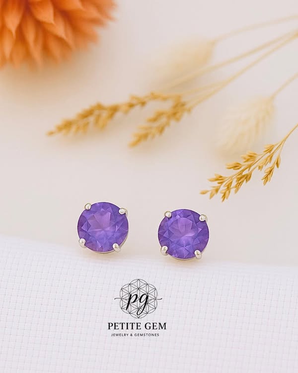 Khuyên tai tròn đá amethyst tím 4mm bạc