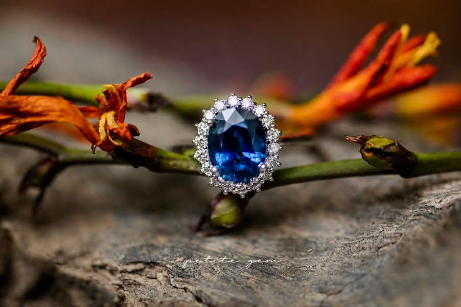Nhẫn sapphire tự nhiên xanh oval viền kim cương vàng trắng