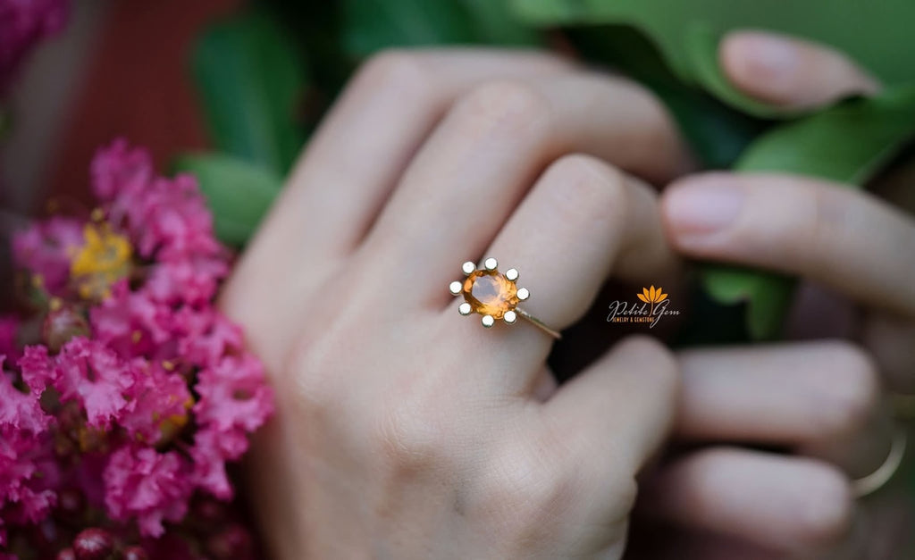 Nhẫn mặt trời đá citrine tròn kiểu tia nắng