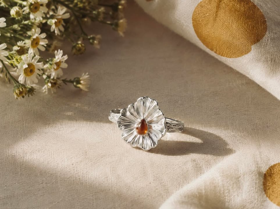 Nhẫn hoa Sunstone giọt nước