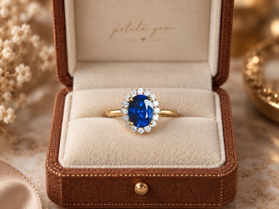 Nhẫn sapphire lab oval xanh đậm viền moissanite
