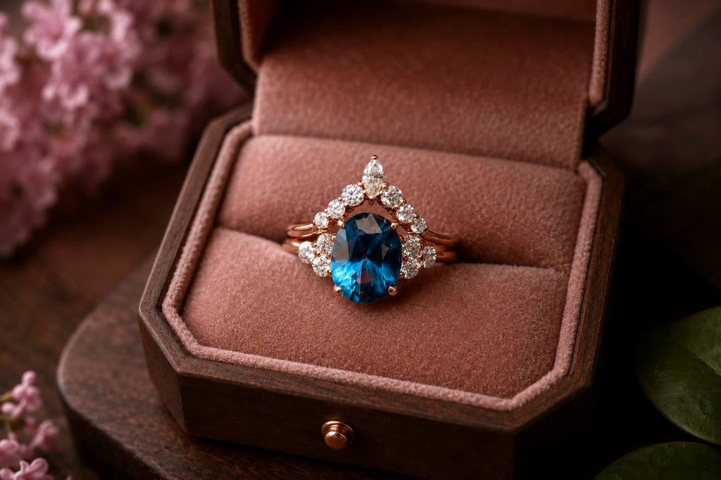 nhẫn đá topaz oval viền moissanite tròn và marquise