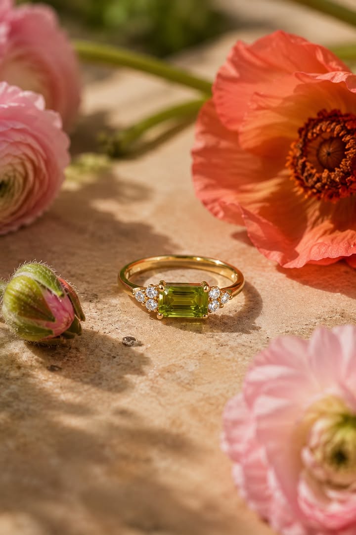Nhẫn Nắng Mới – Peridot hình chữ nhật xanh cốm
