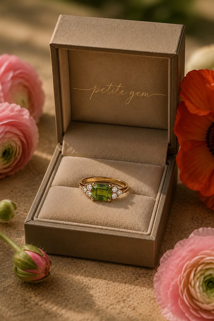 Nhẫn Nắng Mới – Peridot hình chữ nhật xanh cốm