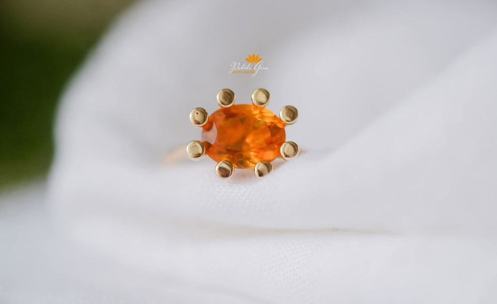 Nhẫn mặt trời đá citrine tròn kiểu tia nắng