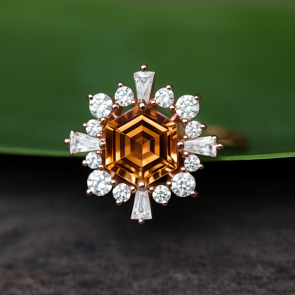 Nhẫn vàng 10K đá citrine thiên nhiên & Moissanite
