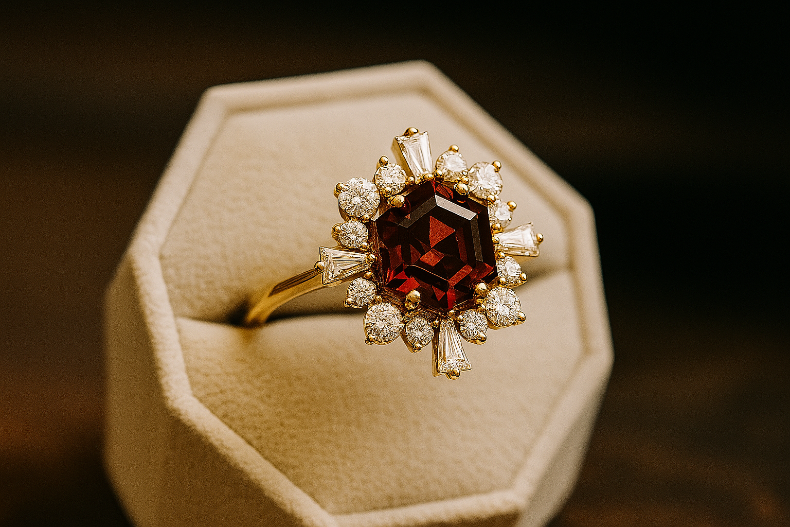 Nhẫn đá Garnet thiên nhiên & Moissanite