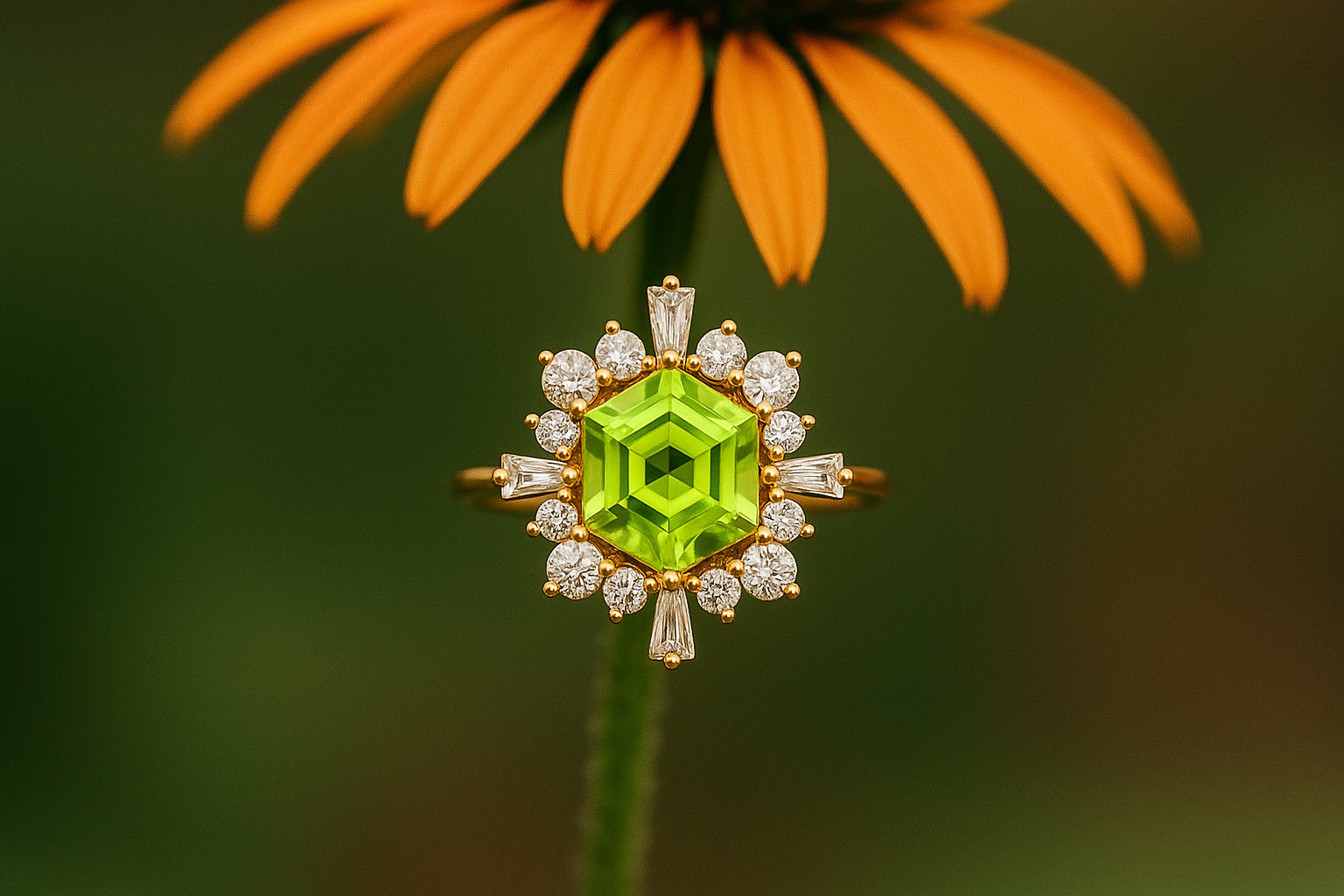 Gold ring with a green gemstone in front of an orange flower